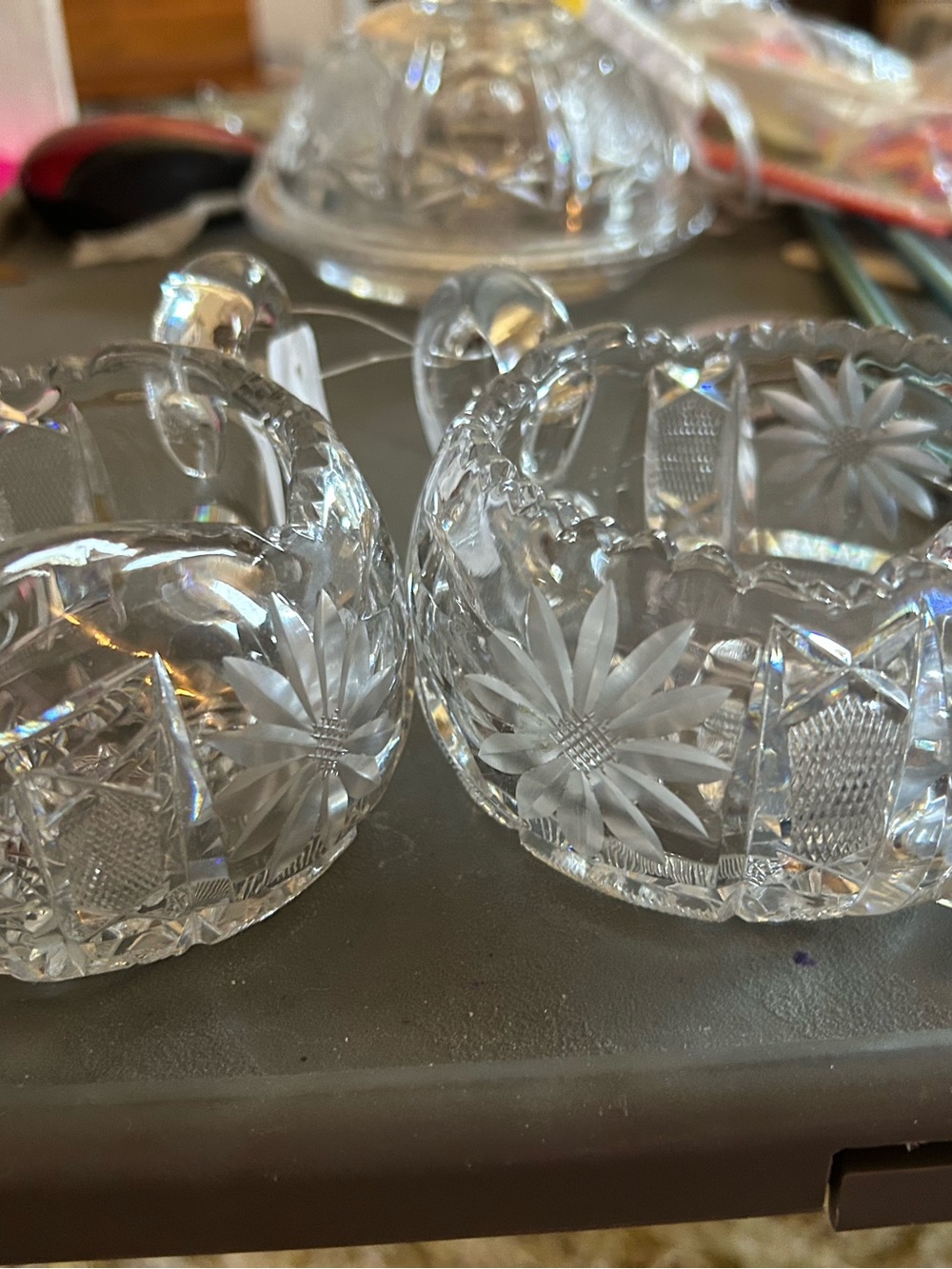 Cut Crystal Salt Cellars with Daisy Cut Pattern - Clear